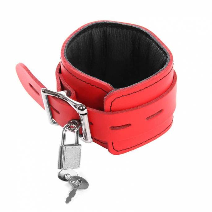 RED LEATHER HANDCUFFS, PADLOCKABLE