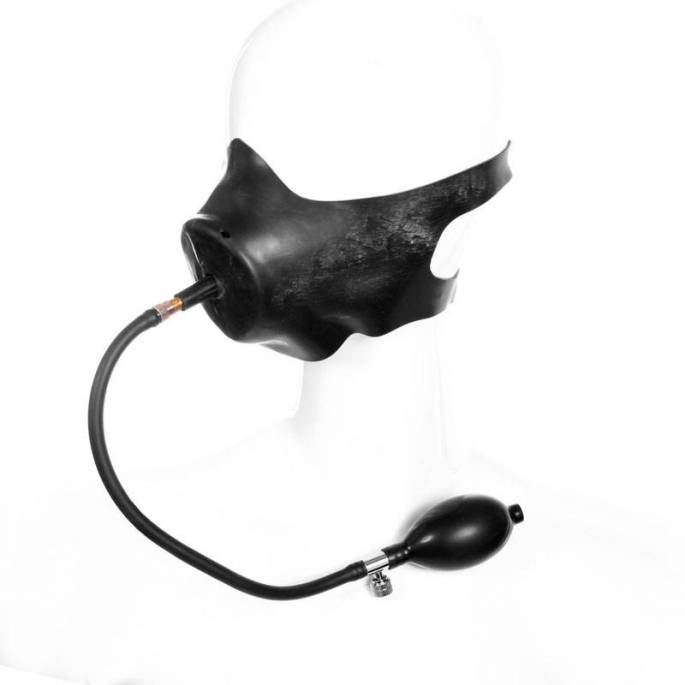 MASQUE BAS DU VISAGE LATEX NOIR + BAILLON BITE GONFLABLE
