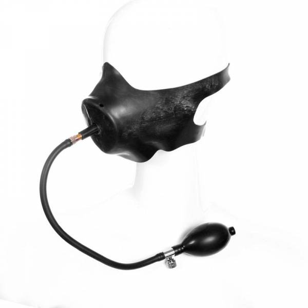 UNTERE GESICHTSMASKE AUS SCHWARZEM LATEX + AUFBLASBARER BEISSKORB