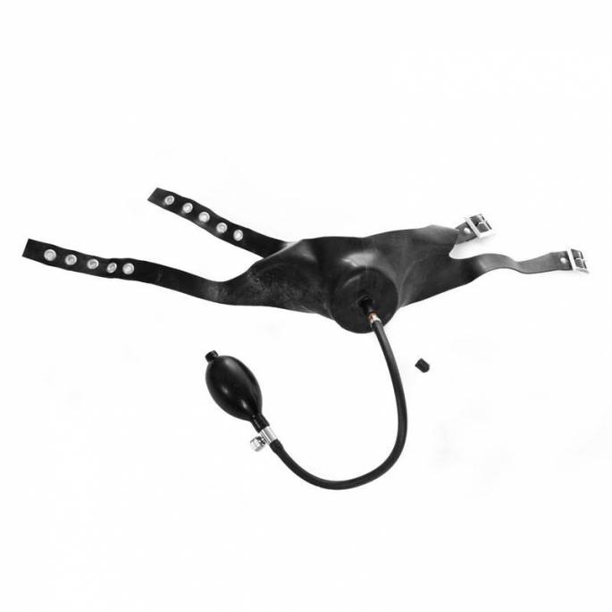 UNTERE GESICHTSMASKE AUS SCHWARZEM LATEX + AUFBLASBARER BEISSKORB