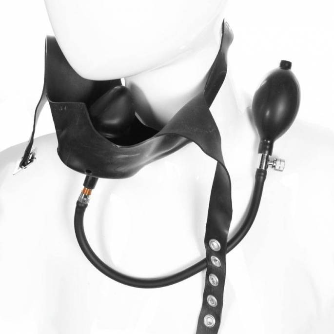 UNTERE GESICHTSMASKE AUS SCHWARZEM LATEX + AUFBLASBARER BEISSKORB