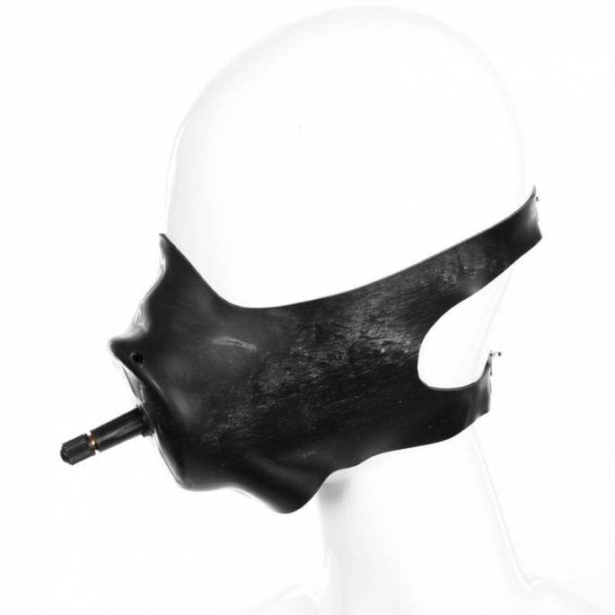 UNTERE GESICHTSMASKE AUS SCHWARZEM LATEX + AUFBLASBARER BEISSKORB