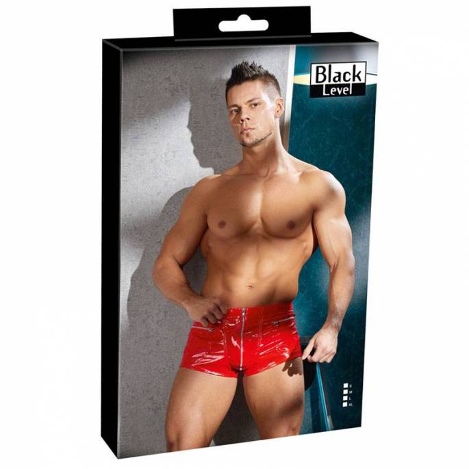 BOXERSHORTS AUS ROTEM VINYL MIT REISSVERSCHLUSS + TASCHEN