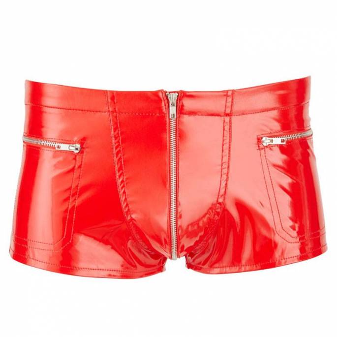 BOXERSHORTS AUS ROTEM VINYL MIT REISSVERSCHLUSS + TASCHEN