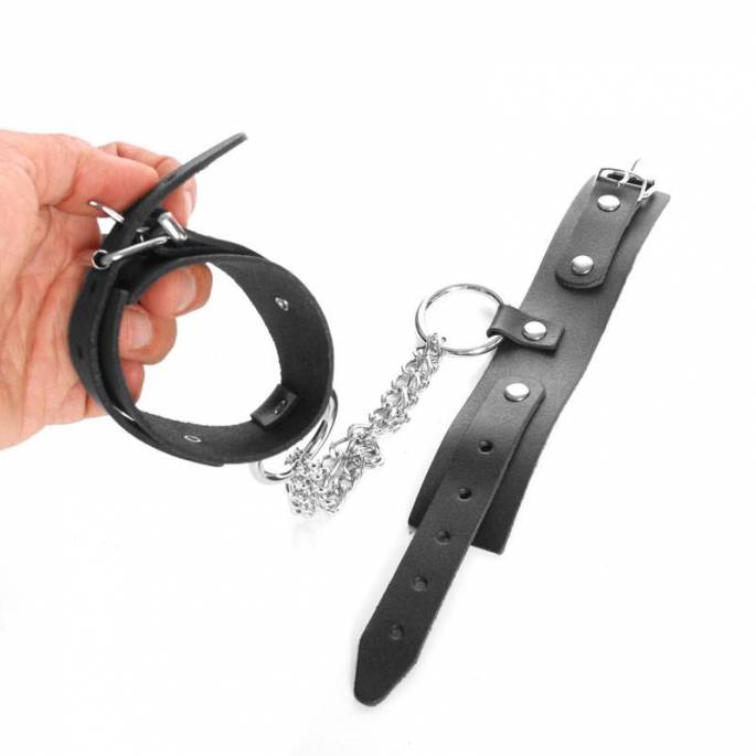 FEINE HANDSCHELLEN AUS SCHWARZEM LEDER GROSSER RING