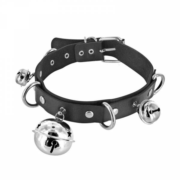 SCHWARZES HALSBAND MIT 4 RINGEN + GLÖCKCHEN