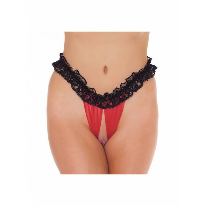 STRING ROUGE OUVERT DENTELLE NOIRE T.U