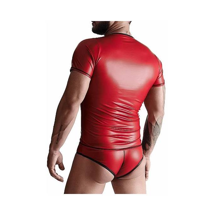 T-SHIRT MIT V-AUSSCHNITT WETLOOK ROT