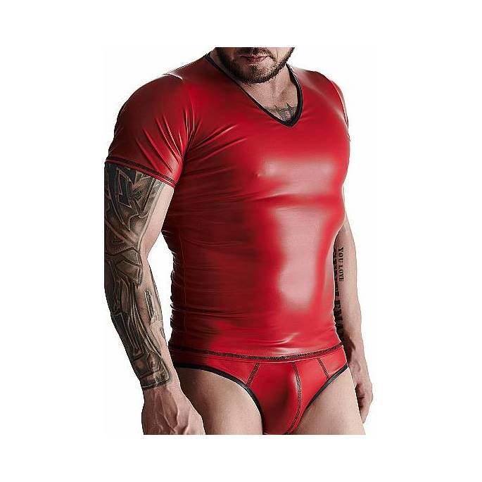 T-SHIRT COL V WETLOOK ROUGE