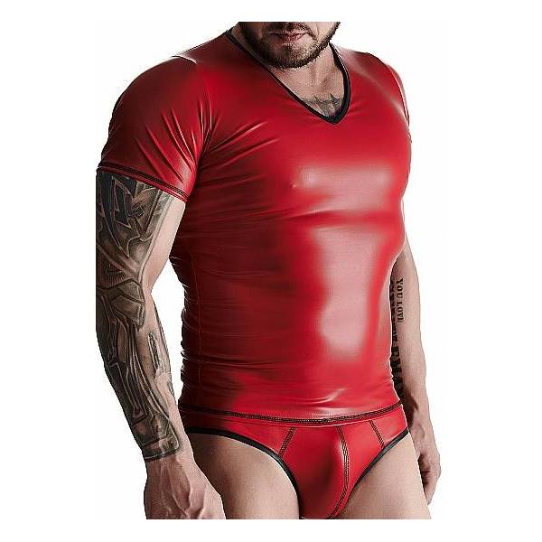 T-SHIRT COL V WETLOOK ROUGE
