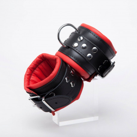 BLACK AND RED LEATHER HANDCUFFS