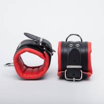 BLACK AND RED LEATHER HANDCUFFS