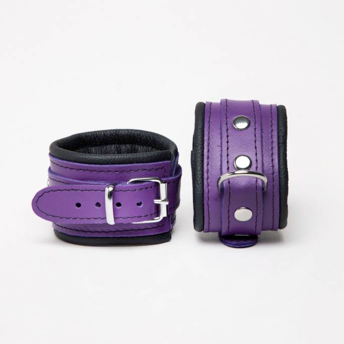 LEDERHANDSCHELLEN SCHWARZ + LILA 5CM