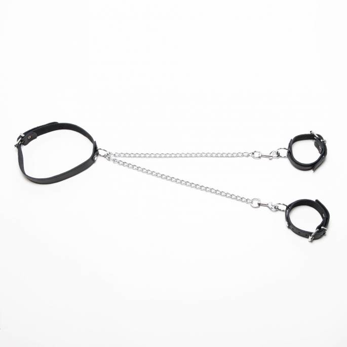 COLLIER + MENOTTES CUIR NOIR + CHAINES