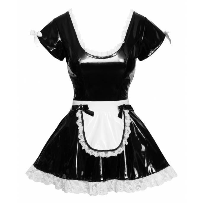 KLEID SOUBRETTE VINYL SCHWARZ + KLEINE SCHLEIFEN WEISS/SCHWARZ