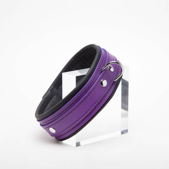 COLLIER CUIR NOIR + LILAS 5CM