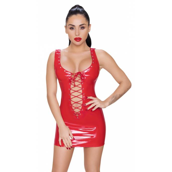ROTES VINYLKLEID + SCHNÜRUNG