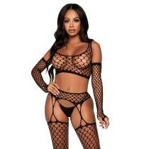 3TLG. TOP + PJ + HANDSCHUHE GROB NETZARTIG