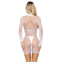 KURZES KLEID MIT KLEINEM NETZKRAGEN WEISS