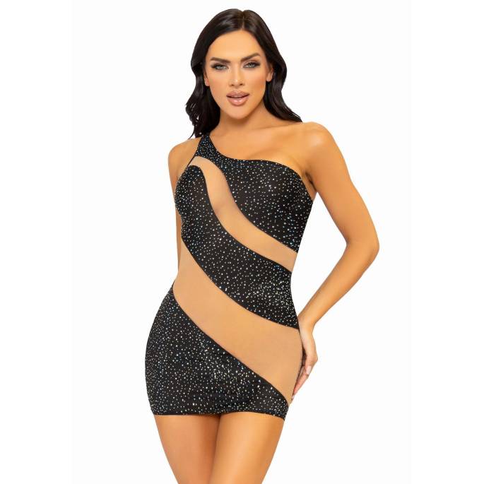 ASYMMETRISCHES KLEID NUDE + SCHWARZ PAILLETTEN