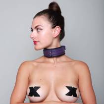 COLLIER CUIR NOIR + LILAS 5CM