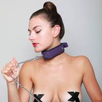 COLLIER CUIR NOIR + LILAS 5CM