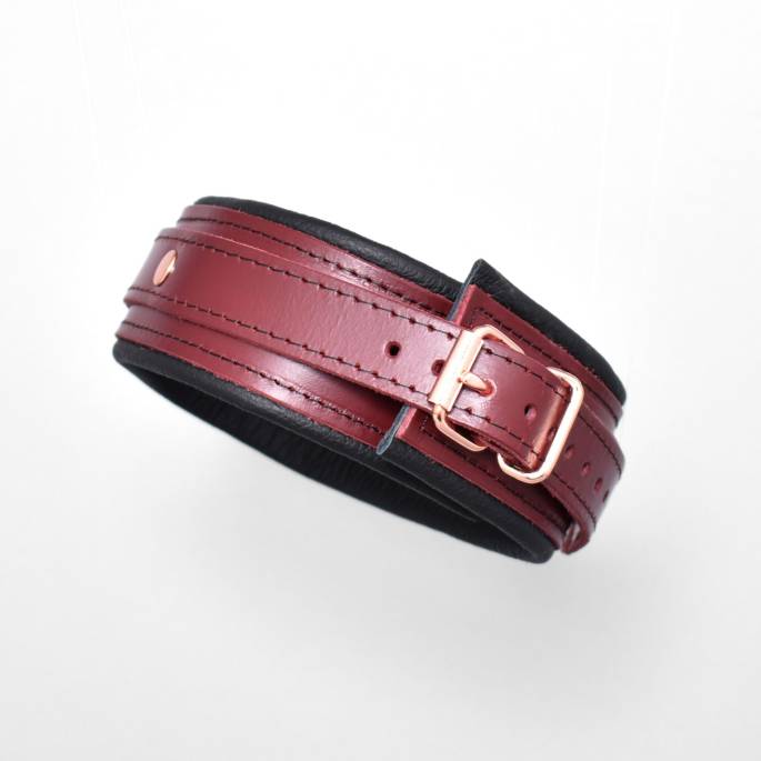 COLLIER CUIR BURGUNDY+GOLD ROSE 5CM
