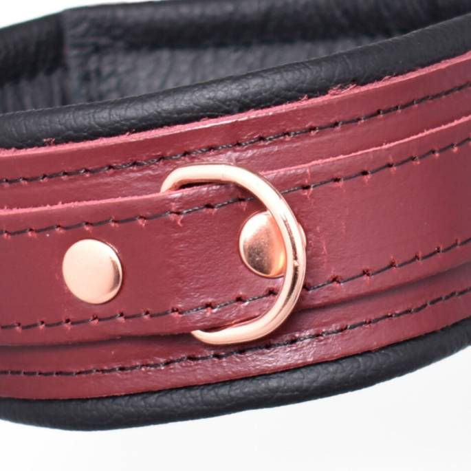 COLLIER CUIR BURGUNDY+GOLD ROSE 5CM