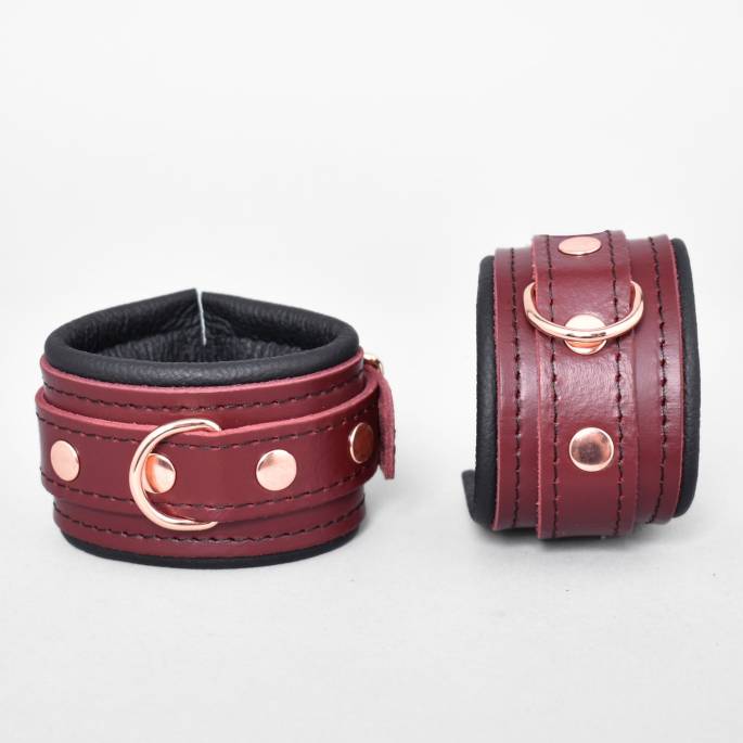 CHEVILLERES CUIR BURGUNDY + GOLD ROSE