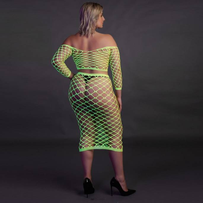 2PCS JUPE + TOP LARGE RÉSILLE VERT NÉON