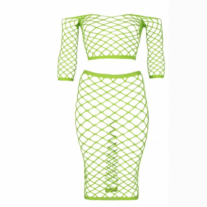 2PCS JUPE + TOP LARGE RÉSILLE VERT NÉON