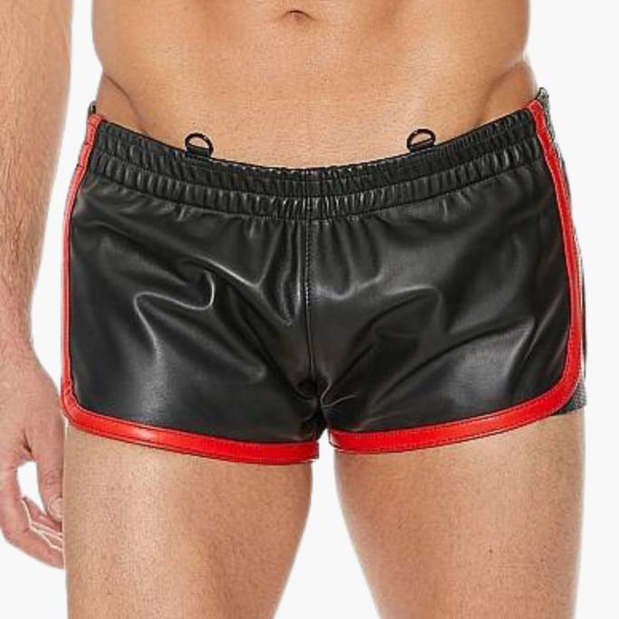 SCHWARZE LEDERSHORTS MIT ROTEM RAND