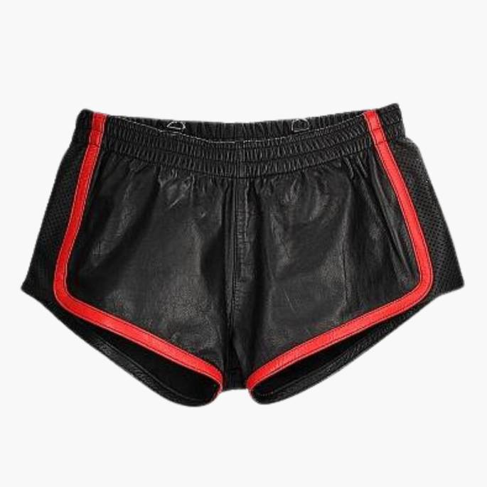 SCHWARZE LEDERSHORTS MIT ROTEM RAND