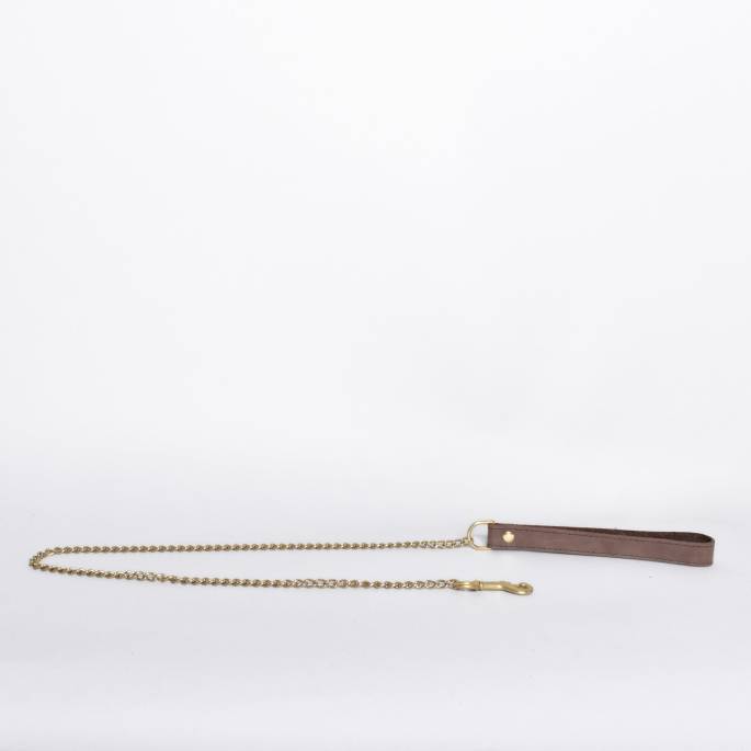 LAISSE CUIR MARRON CHAINE DORÉE