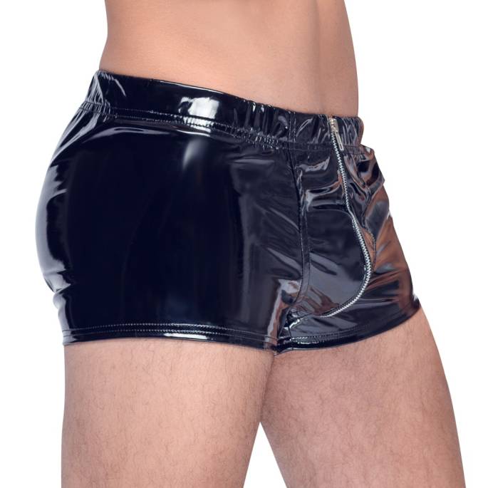BOXERSHORTS AUS SCHWARZEM VINYL + REISSVERSCHLUSS