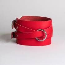 COLLIER LANIÈRES CUIR ROUGE+ANNEAU