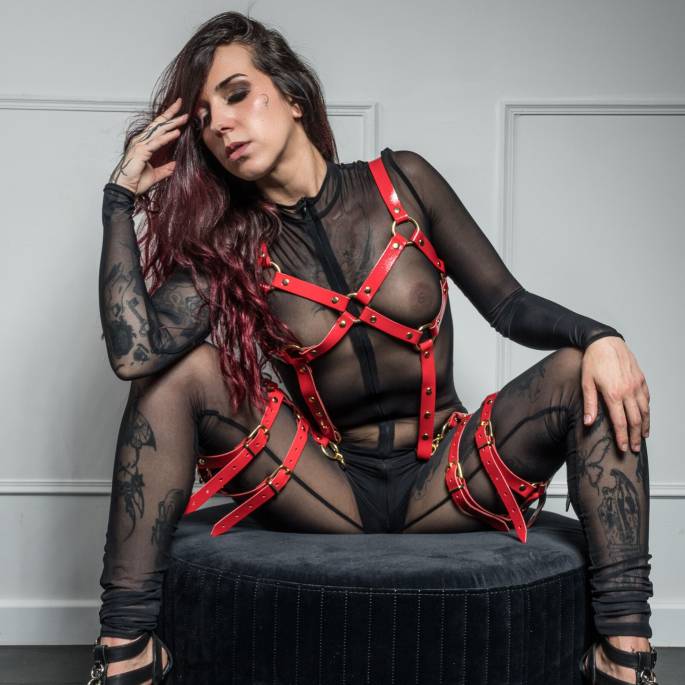 HARNAIS CUIR BUSTE+JAMBES ROUGE VERNIS GOLD