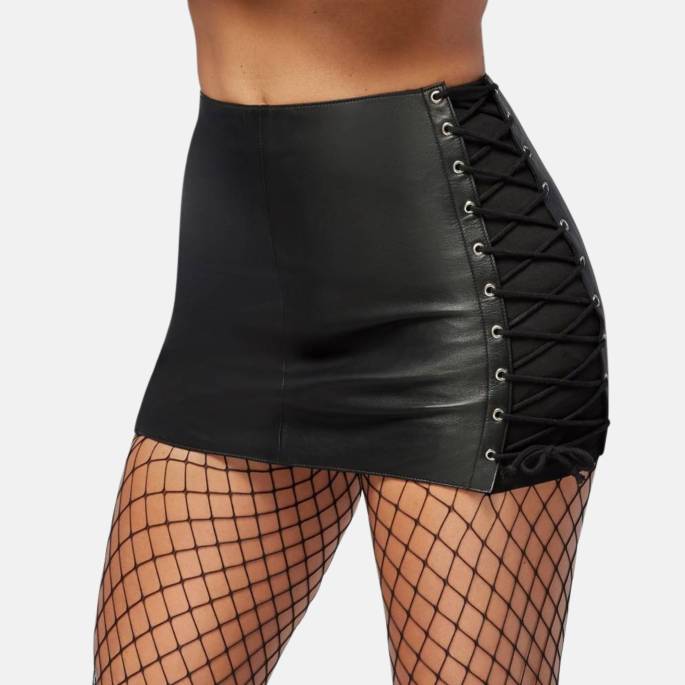 MINI JUPE CUIR LACET CÔTÉ