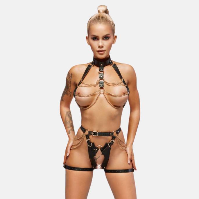 SET HARNAIS CUIR+CHAÎNES DORÉES