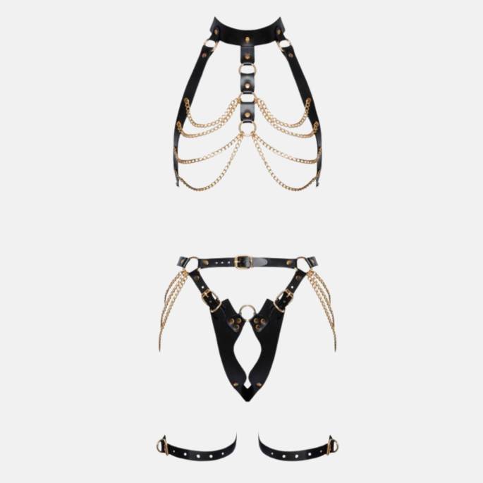 SET HARNAIS CUIR+CHAÎNES DORÉES
