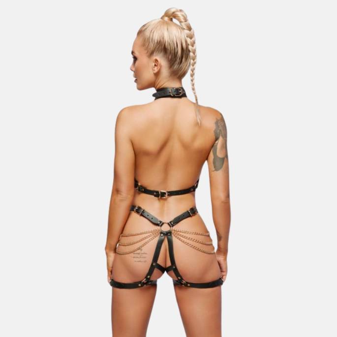 SET HARNAIS CUIR+CHAÎNES DORÉES