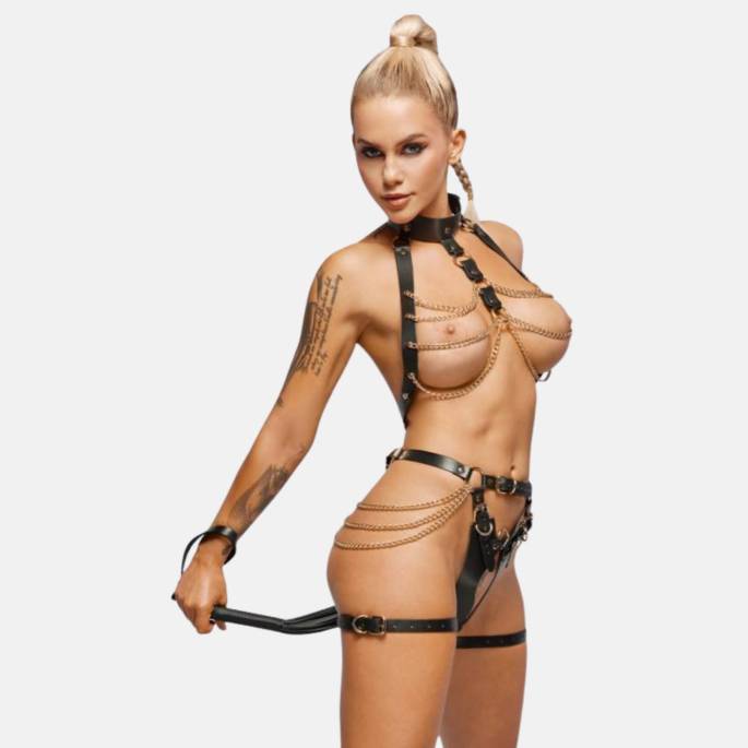 SET HARNAIS CUIR+CHAÎNES DORÉES