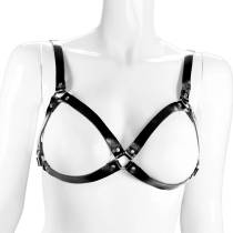 Soutien-gorge harnais en cuir noir anneaux argentés
