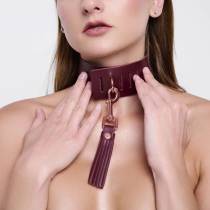 Collier BDSM en cuir bordeaux pampille fouet or rose
