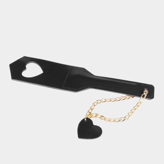 Paddle BDSM Cuir Cœur Noir & Chaîne Or