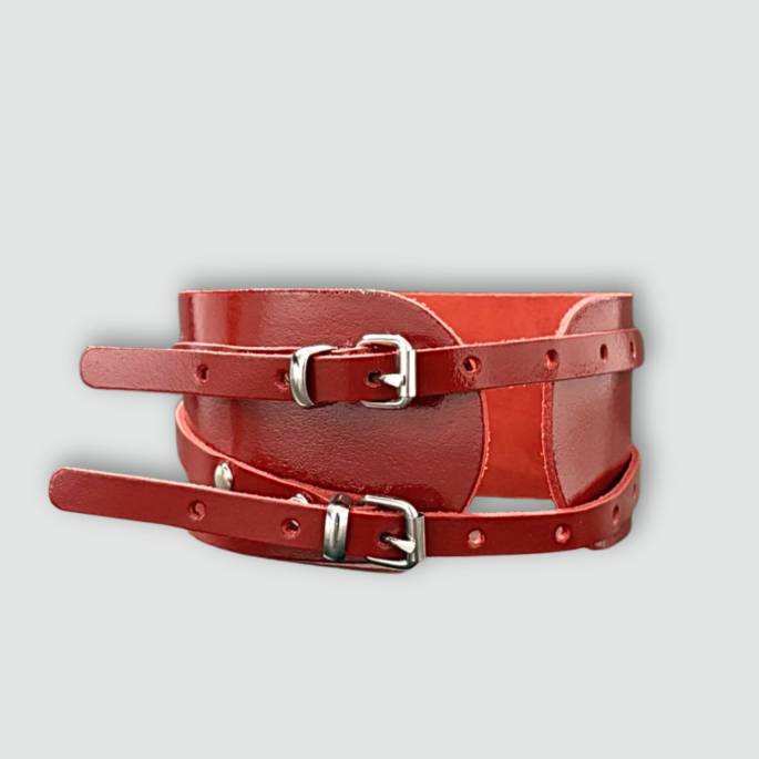 COLLIER LANIÈRES CUIR ROUGE+ANNEAU